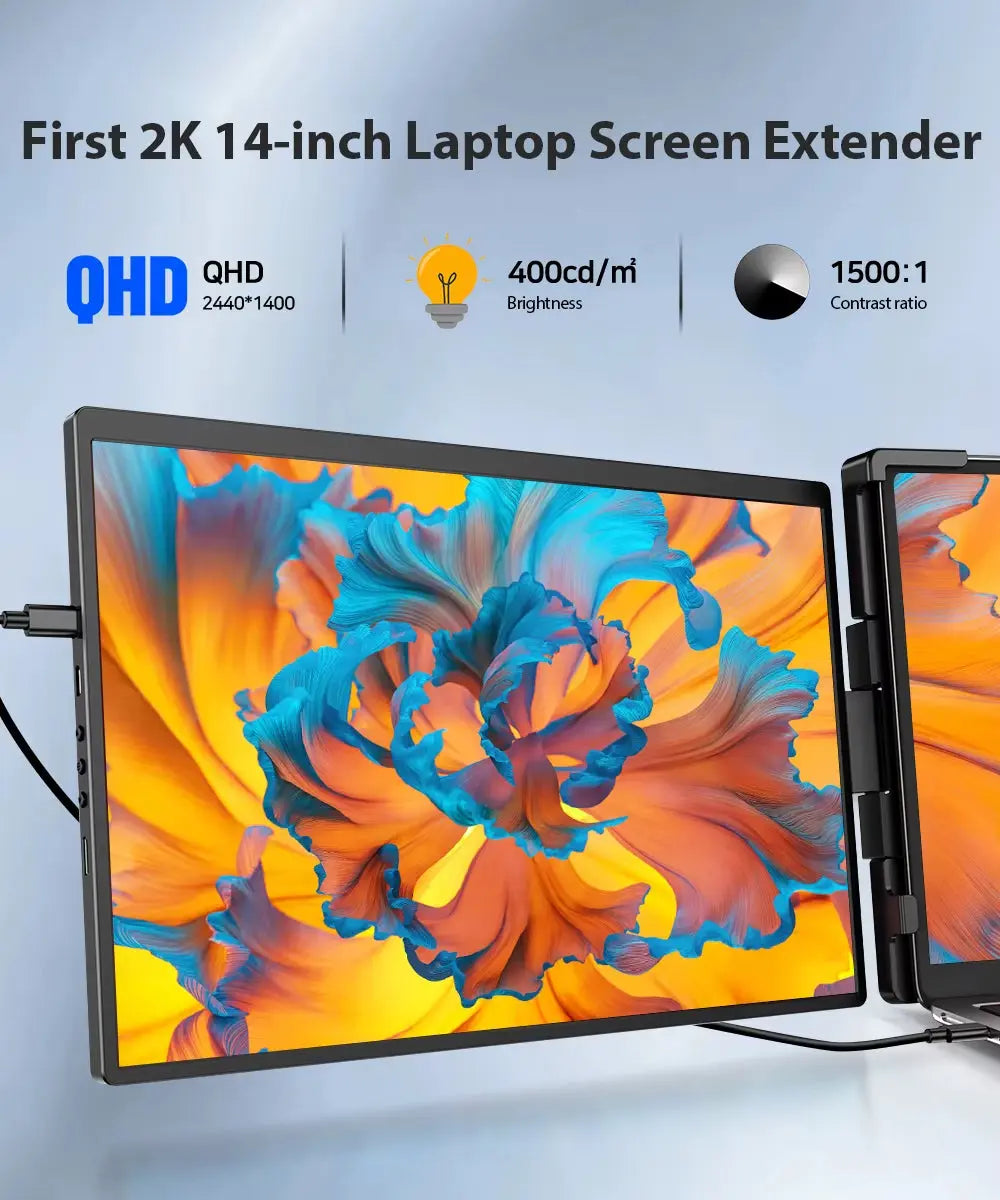 14" Portable Triple Monitor Laptop Screen Extender with QHD 2K IPS Display for Mac, Windows, and Chrome (Fits 13-17 Inch Laptops)