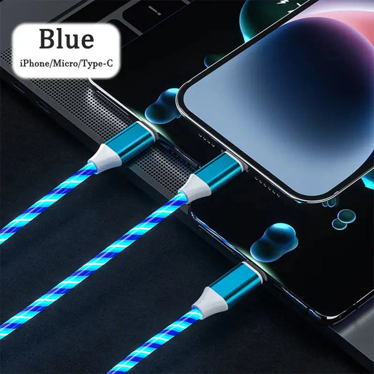 3-in-1 LED Illuminated Charging Cable with 3A Micro USB and Type-C Compatibility for iPhone, Xiaomi, and Huawei