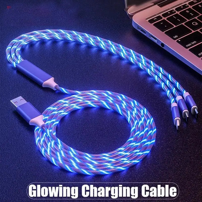 3-in-1 LED Illuminated Charging Cable with 3A Micro USB and Type-C Compatibility for iPhone, Xiaomi, and Huawei