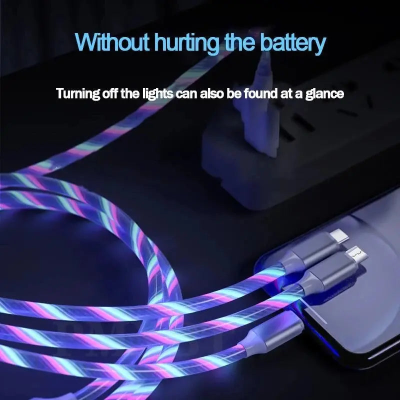 3-in-1 LED Illuminated Charging Cable with 3A Micro USB and Type-C Compatibility for iPhone, Xiaomi, and Huawei