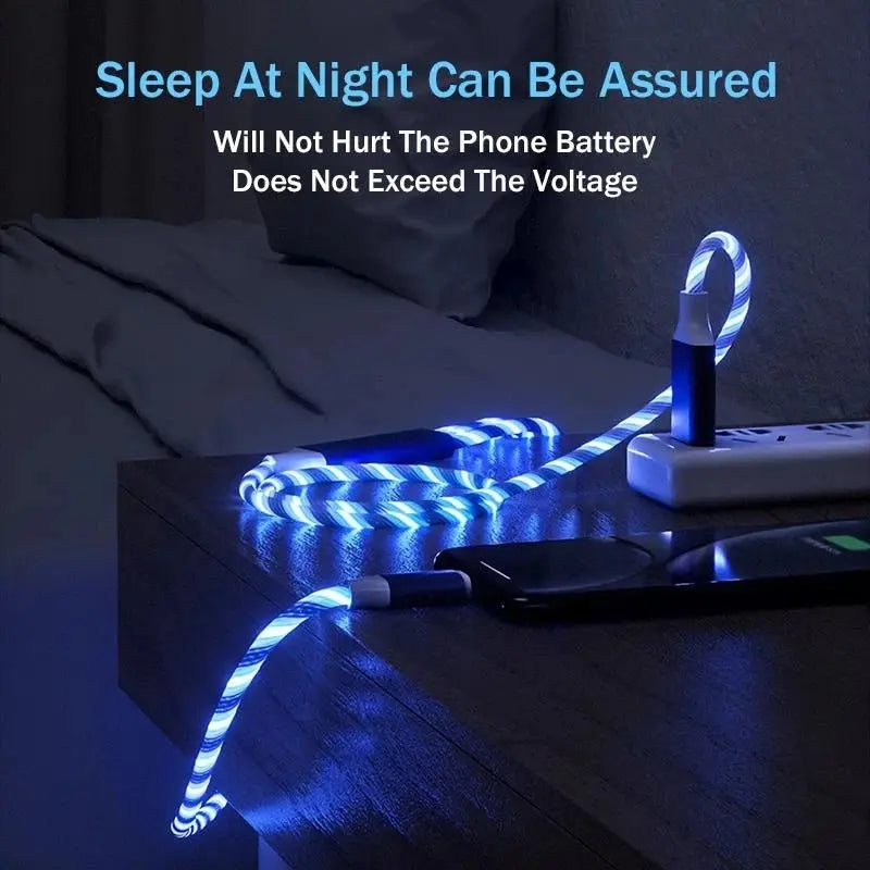 3-in-1 LED Illuminated Charging Cable with 3A Micro USB and Type-C Compatibility for iPhone, Xiaomi, and Huawei