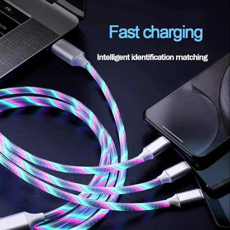 3-in-1 LED Illuminated Charging Cable with 3A Micro USB and Type-C Compatibility for iPhone, Xiaomi, and Huawei