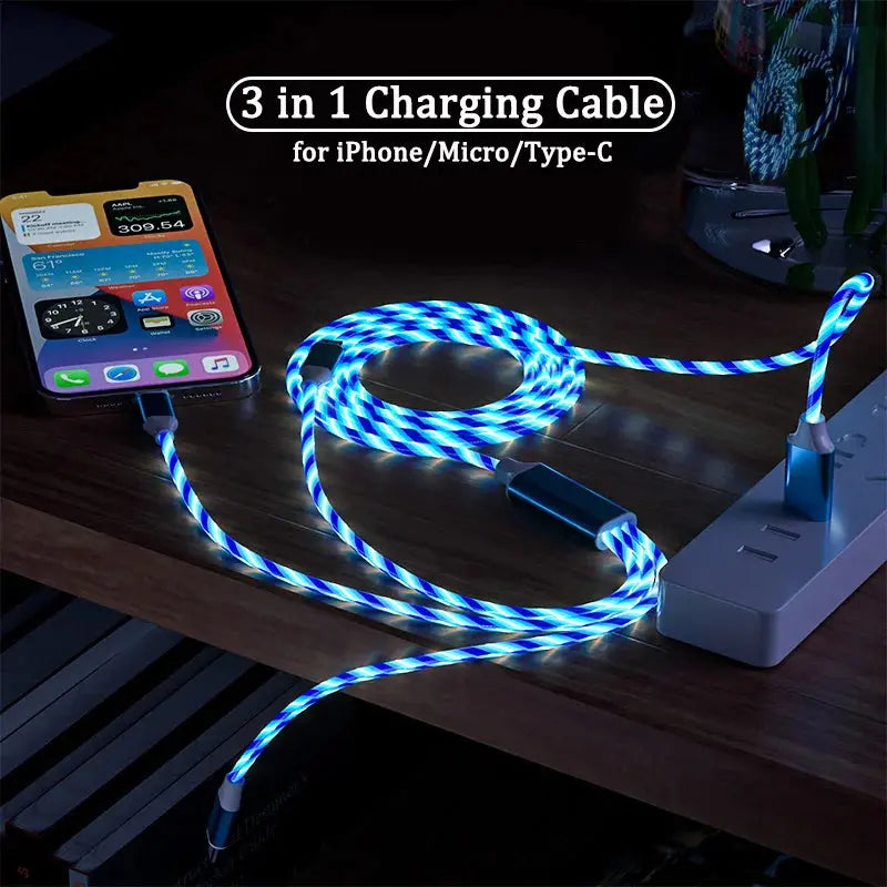 3-in-1 LED Illuminated Charging Cable with 3A Micro USB and Type-C Compatibility for iPhone, Xiaomi, and Huawei