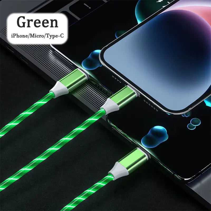 3-in-1 LED Illuminated Charging Cable with 3A Micro USB and Type-C Compatibility for iPhone, Xiaomi, and Huawei