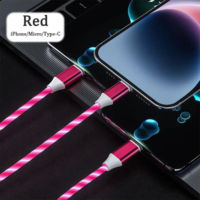 3-in-1 LED Illuminated Charging Cable with 3A Micro USB and Type-C Compatibility for iPhone, Xiaomi, and Huawei