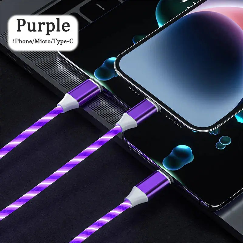 3-in-1 LED Illuminated Charging Cable with 3A Micro USB and Type-C Compatibility for iPhone, Xiaomi, and Huawei