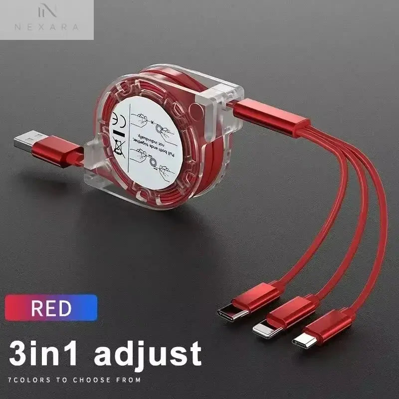 3-in-1 Telescopic USB Cable for Apple, Type-C, and Android Devices - 3A Fast Charging