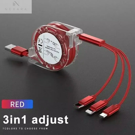 3-in-1 Telescopic USB Cable for Apple, Type-C, and Android Devices - 3A Fast Charging