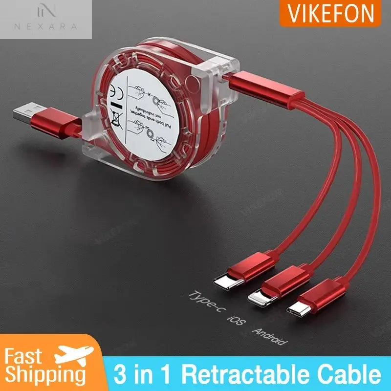 3-in-1 Telescopic USB Cable for Apple, Type-C, and Android Devices - 3A Fast Charging