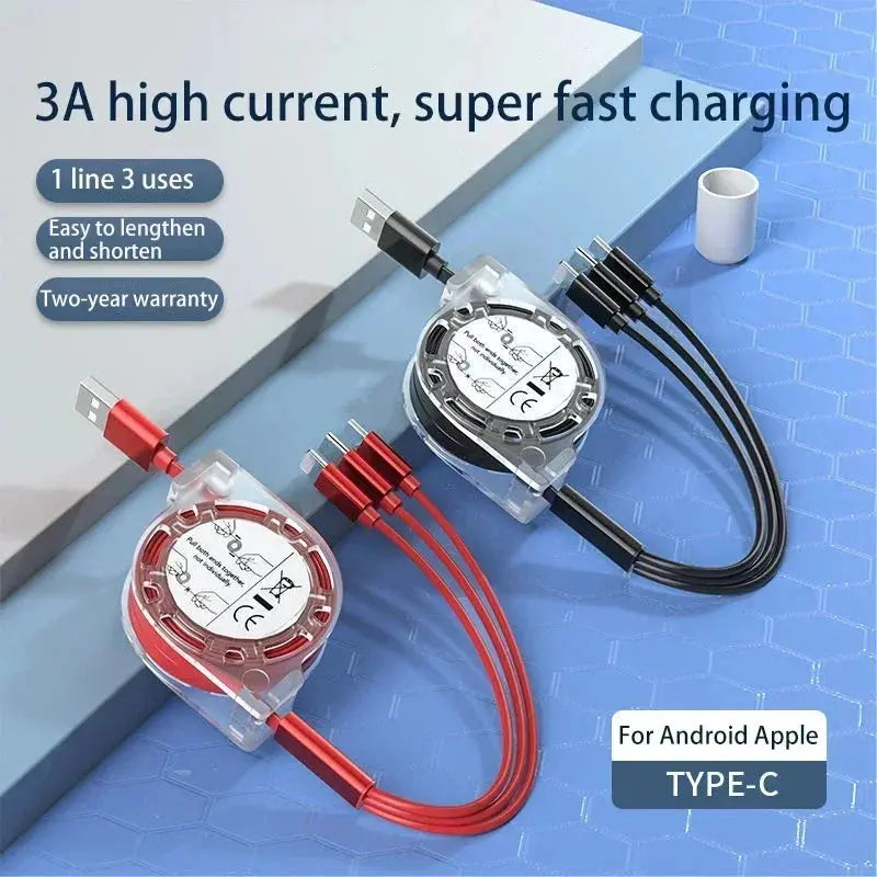 3-in-1 Telescopic USB Cable for Apple, Type-C, and Android Devices - 3A Fast Charging