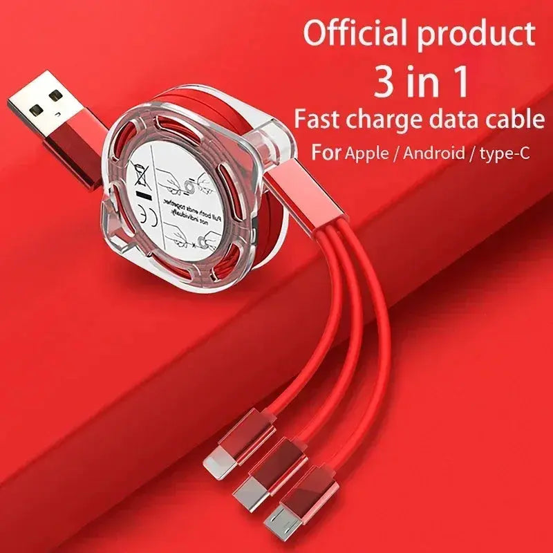 3-in-1 Telescopic USB Cable for Apple, Type-C, and Android Devices - 3A Fast Charging