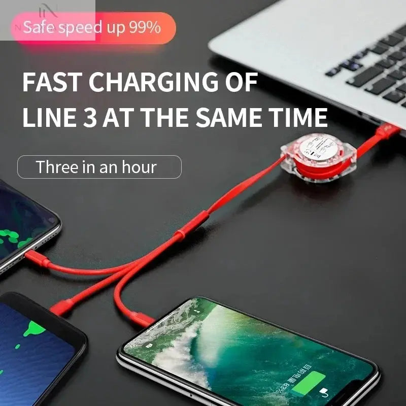 3-in-1 Telescopic USB Cable for Apple, Type-C, and Android Devices - 3A Fast Charging