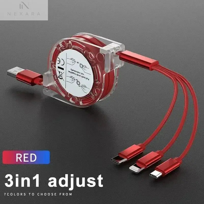 3-in-1 Telescopic USB Cable for Apple, Type-C, and Android Devices - 3A Fast Charging