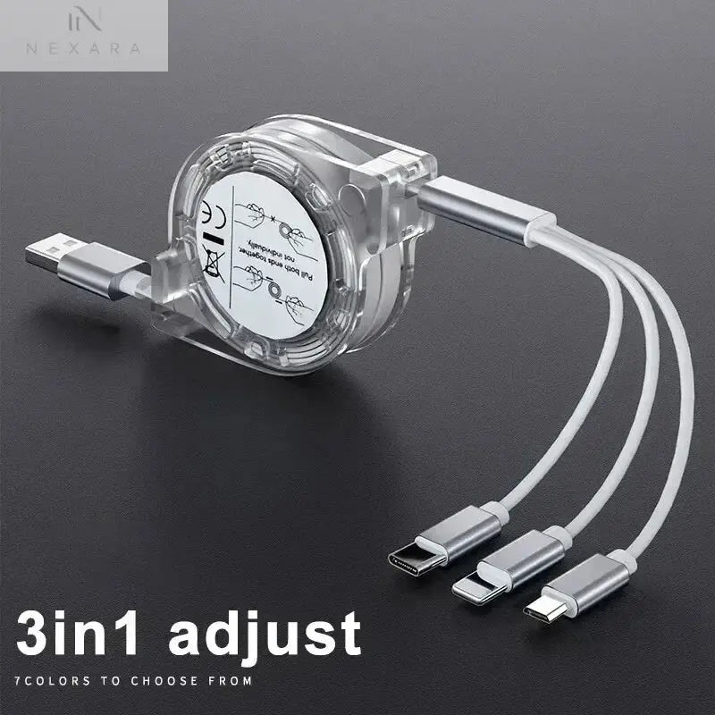 3-in-1 Telescopic USB Cable for Apple, Type-C, and Android Devices - 3A Fast Charging