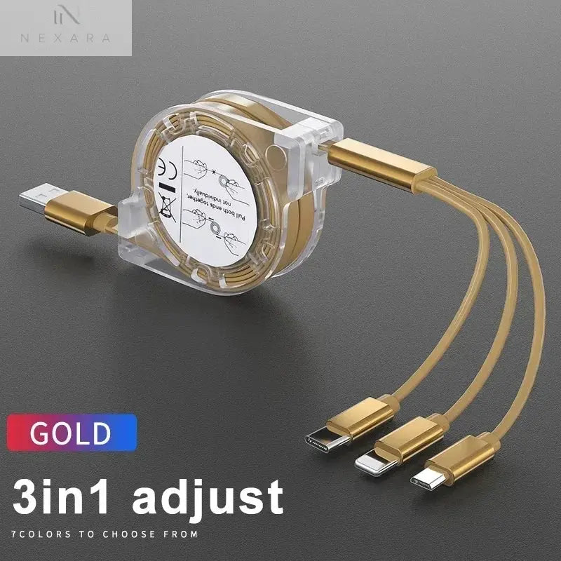 3-in-1 Telescopic USB Cable for Apple, Type-C, and Android Devices - 3A Fast Charging