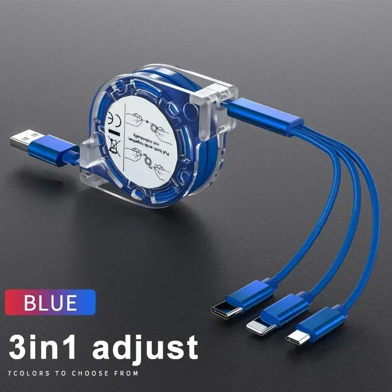3-in-1 Telescopic USB Cable for Apple, Type-C, and Android Devices - 3A Fast Charging