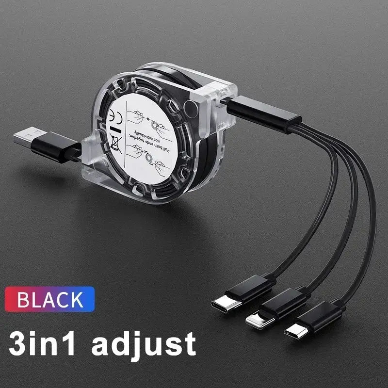 3-in-1 Telescopic USB Cable for Apple, Type-C, and Android Devices - 3A Fast Charging