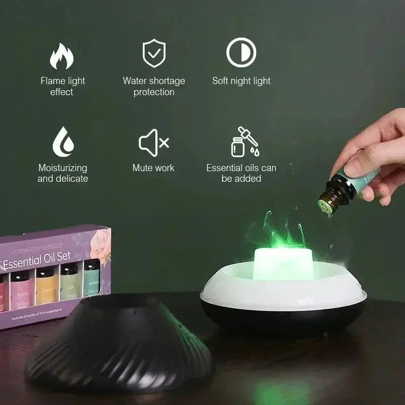 Aromatherapy Humidifier with Seven-Color Gradient Night Light and Flame Simulation