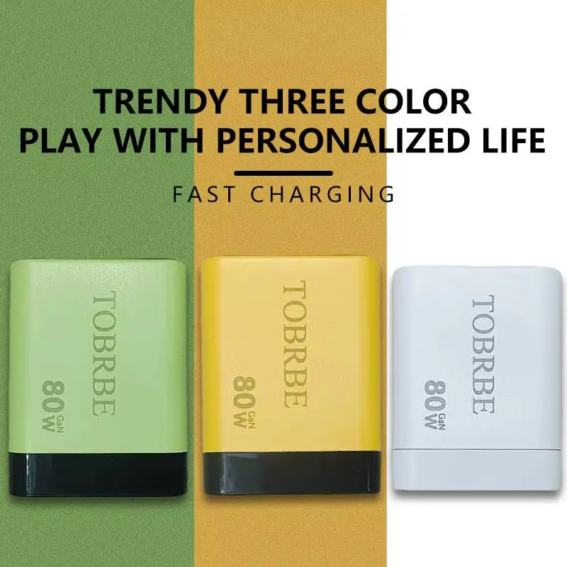 80W MAX Gan Fast Charger with Type-C Cable and Dual USB Ports - 3-in-1 Portable Mobile Phone Adapter