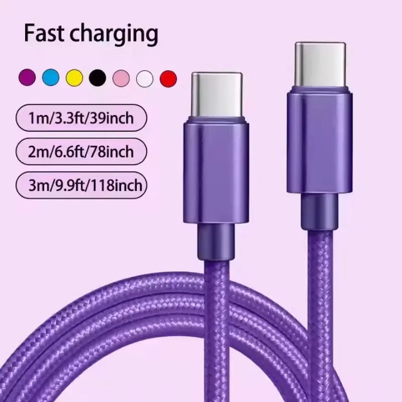 66W 5A Nylon USB Type-C to Type-C Fast Charging Cable for iPhone 15/16 Pro Max, Samsung S24, Xiaomi, and OPPO - Available in 1M, 2M, and 3M Lengths