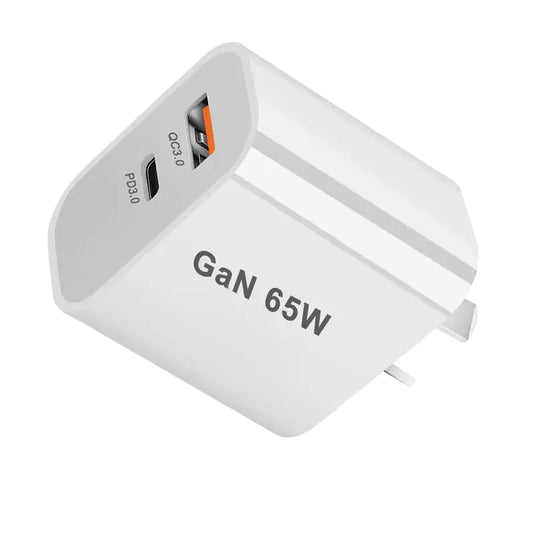 High-Performance 65W GaN Fast Charger with Quick Charge 3.0 - USB-C Plug for iPhone 13/12/11, iPad, Xiaomi 12, Globally Compatible with AU, UK, US, EU Standards