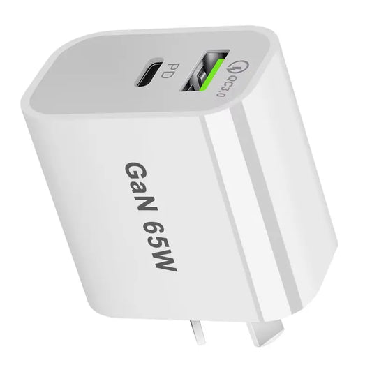 High-Performance 65W GaN Fast Charger with Quick Charge 3.0 - USB-C Plug for iPhone 13/12/11, iPad, Xiaomi 12, Globally Compatible with AU, UK, US, EU Standards