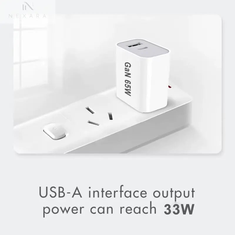 High-Performance 65W GaN Fast Charger with Quick Charge 3.0 - USB-C Plug for iPhone 13/12/11, iPad, Xiaomi 12, Globally Compatible with AU, UK, US, EU Standards