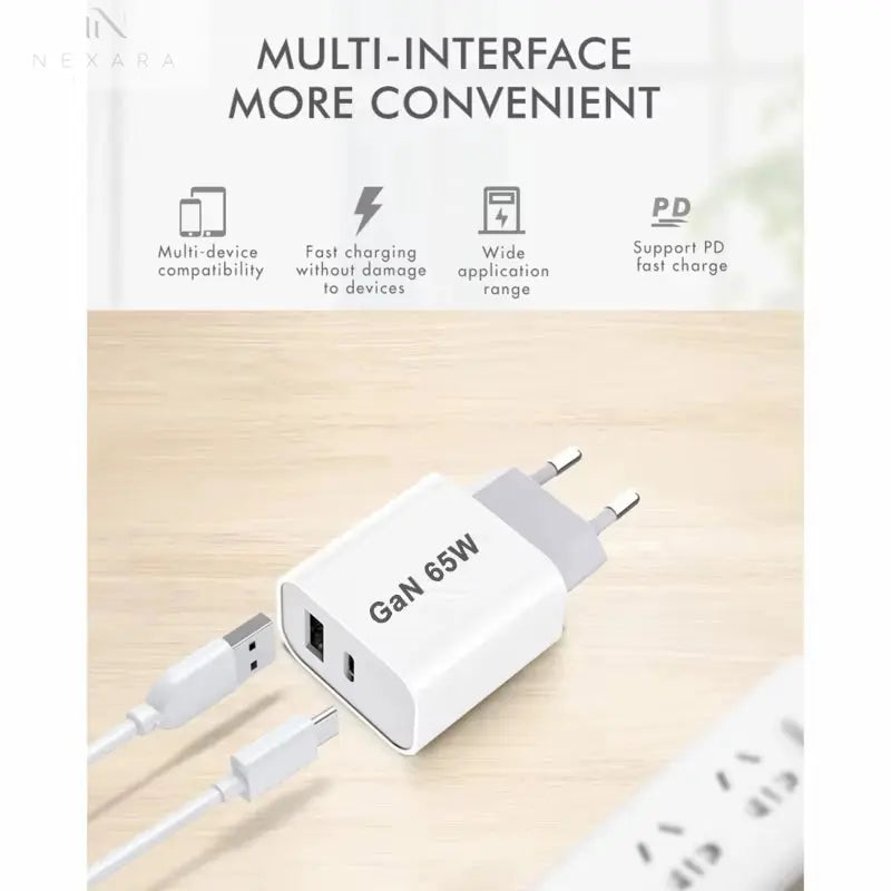 High-Performance 65W GaN Fast Charger with Quick Charge 3.0 - USB-C Plug for iPhone 13/12/11, iPad, Xiaomi 12, Globally Compatible with AU, UK, US, EU Standards