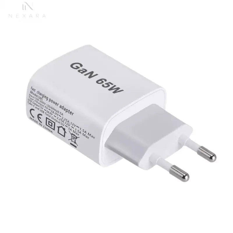 High-Performance 65W GaN Fast Charger with Quick Charge 3.0 - USB-C Plug for iPhone 13/12/11, iPad, Xiaomi 12, Globally Compatible with AU, UK, US, EU Standards