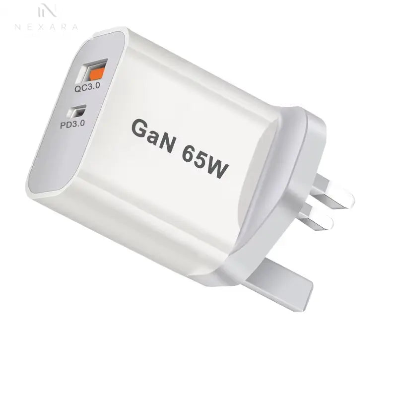 High-Performance 65W GaN Fast Charger with Quick Charge 3.0 - USB-C Plug for iPhone 13/12/11, iPad, Xiaomi 12, Globally Compatible with AU, UK, US, EU Standards