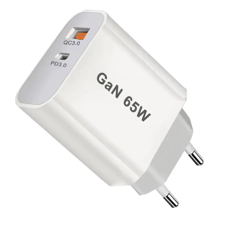 High-Performance 65W GaN Fast Charger with Quick Charge 3.0 - USB-C Plug for iPhone 13/12/11, iPad, Xiaomi 12, Globally Compatible with AU, UK, US, EU Standards