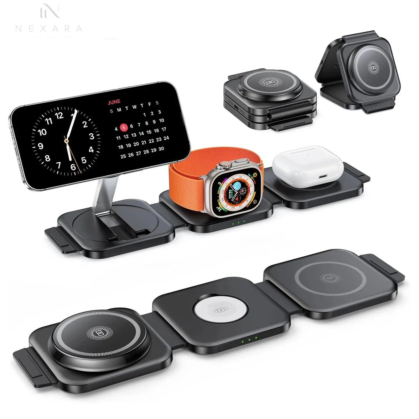 Premium Foldable 3-in-1 Magnetic Wireless Charging Station for iPhone, Apple Watch, and AirPods