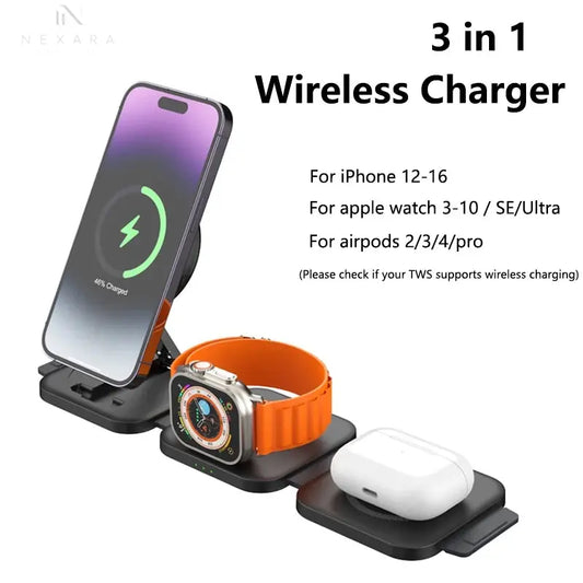 Premium Foldable 3-in-1 Magnetic Wireless Charging Station for iPhone, Apple Watch, and AirPods