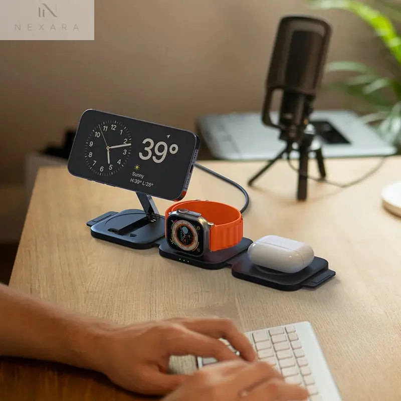Premium Foldable 3-in-1 Magnetic Wireless Charging Station for iPhone, Apple Watch, and AirPods