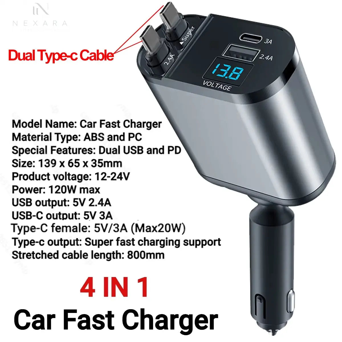 120W 4-in-1 Retractable Car Charger with Fast Charging USB Type C Cable for iPhone, Huawei, Samsung and More - Essential Cigarette Lighter Adapter for Your Vehicle