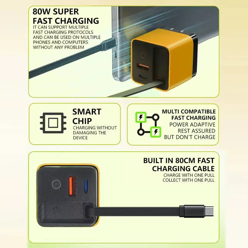 80W MAX Gan Fast Charger with Type-C Cable and Dual USB Ports - 3-in-1 Portable Mobile Phone Adapter