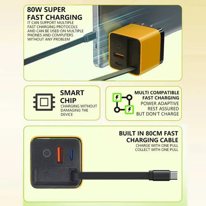 80W MAX Gan Fast Charger with Type-C Cable and Dual USB Ports - 3-in-1 Portable Mobile Phone Adapter