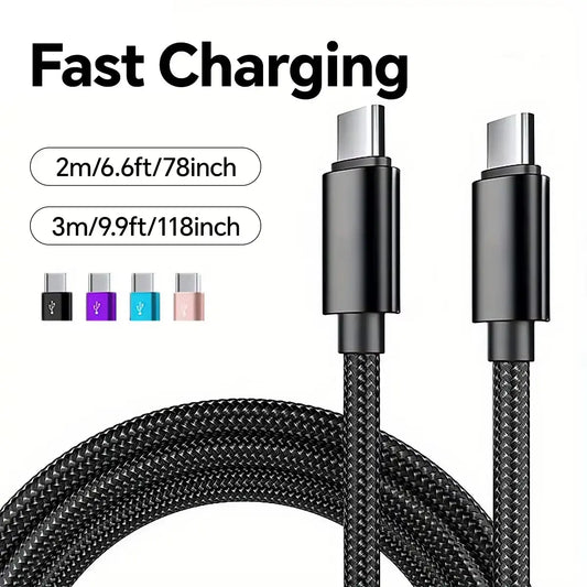 66W 5A Nylon USB Type-C to Type-C Fast Charging Cable for iPhone 15/16 Pro Max, Samsung S24, Xiaomi, and OPPO - Available in 1M, 2M, and 3M Lengths