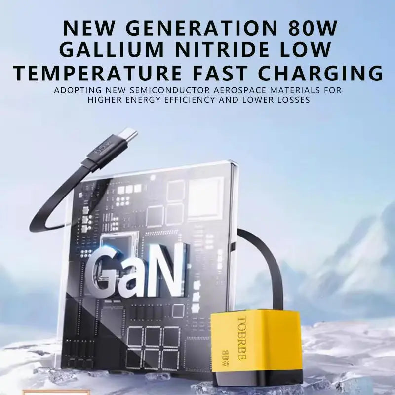 80W MAX Gan Fast Charger with Type-C Cable and Dual USB Ports - 3-in-1 Portable Mobile Phone Adapter