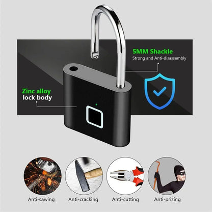 Keyless USB Rechargeable Fingerprint Smart Padlock - Waterproof Anti-Theft Zinc Lock with 0.2 Sec Unlocking Speed