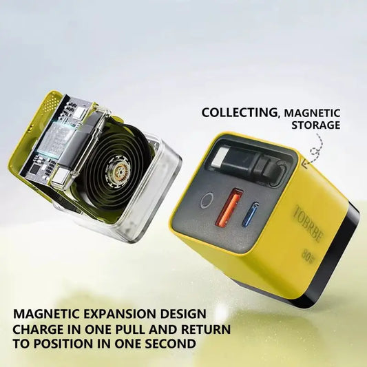 80W MAX Gan Fast Charger with Type-C Cable and Dual USB Ports - 3-in-1 Portable Mobile Phone Adapter