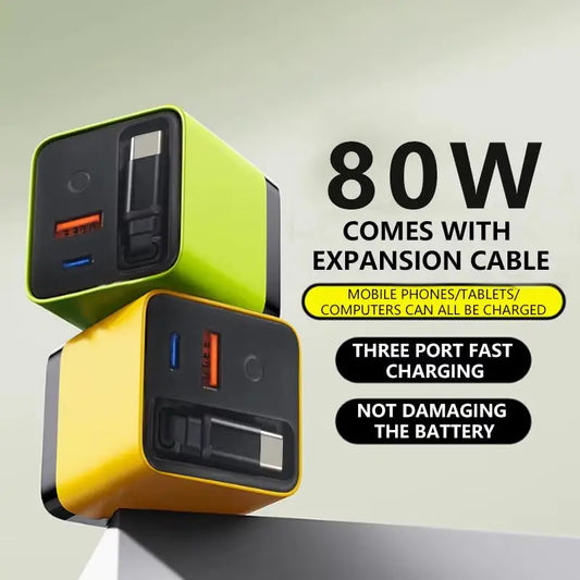 80W MAX Gan Fast Charger with Type-C Cable and Dual USB Ports - 3-in-1 Portable Mobile Phone Adapter