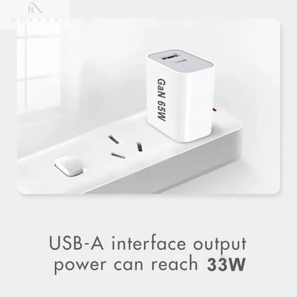 High-Performance 65W GaN Fast Charger with Quick Charge 3.0 - USB-C Plug for iPhone 13/12/11, iPad, Xiaomi 12, Globally Compatible with AU, UK, US, EU Standards