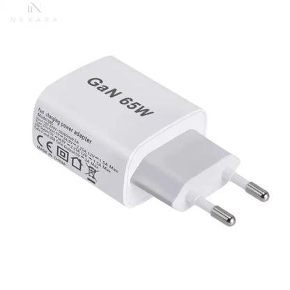 High-Performance 65W GaN Fast Charger with Quick Charge 3.0 - USB-C Plug for iPhone 13/12/11, iPad, Xiaomi 12, Globally Compatible with AU, UK, US, EU Standards