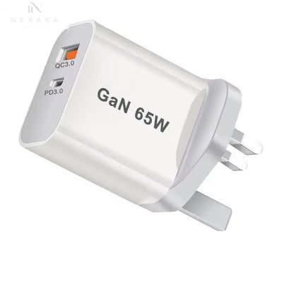 High-Performance 65W GaN Fast Charger with Quick Charge 3.0 - USB-C Plug for iPhone 13/12/11, iPad, Xiaomi 12, Globally Compatible with AU, UK, US, EU Standards
