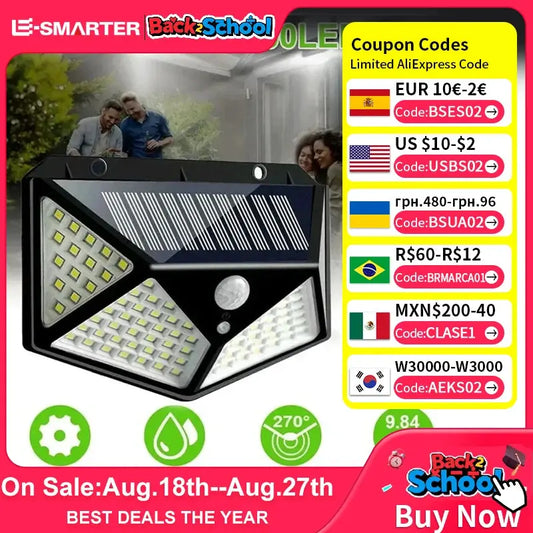 100 LED Outdoor Solar Wall Lights with PIR Motion Sensor - (Available in 1/2/4/6 Packs)