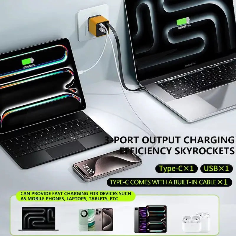 80W MAX Gan Fast Charger with Type-C Cable and Dual USB Ports - 3-in-1 Portable Mobile Phone Adapter