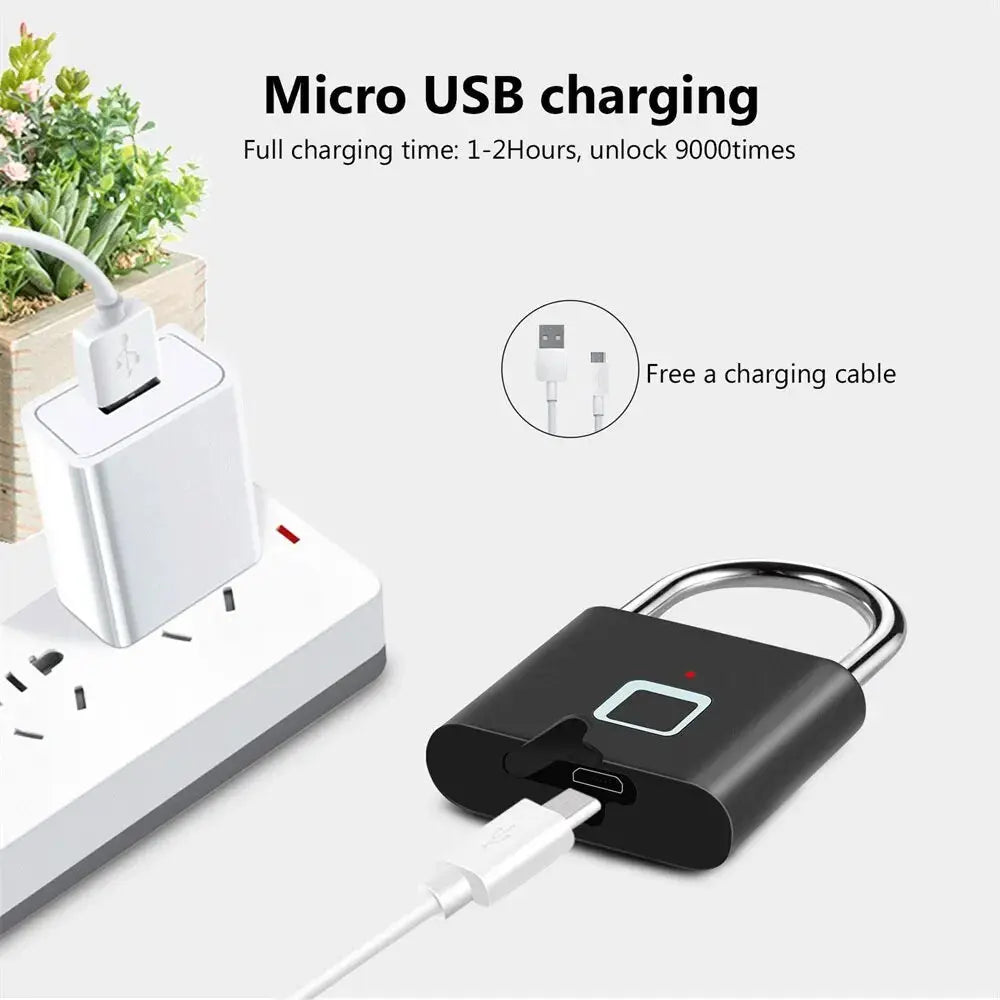 Keyless USB Rechargeable Fingerprint Smart Padlock - Waterproof Anti-Theft Zinc Lock with 0.2 Sec Unlocking Speed