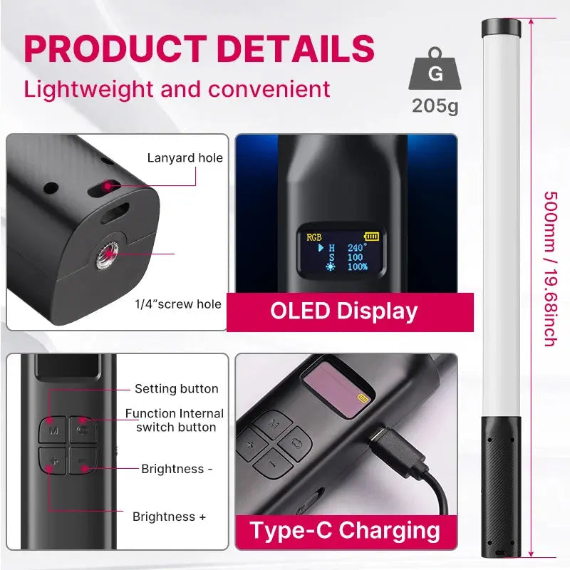 VL119 Professional Handheld RGB LED Light Wand - 19.68 Inch, CRI 95+, Adjustable 2500K-9000K