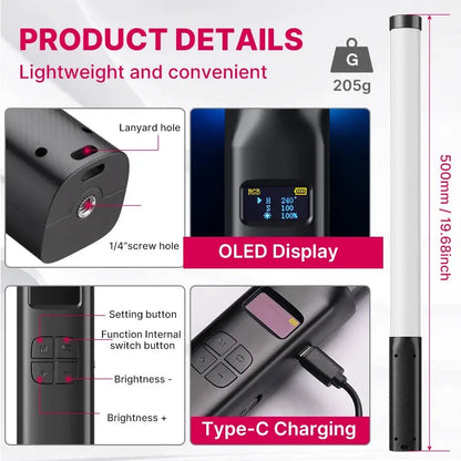 VL119 Professional Handheld RGB LED Light Wand - 19.68 Inch, CRI 95+, Adjustable 2500K-9000K